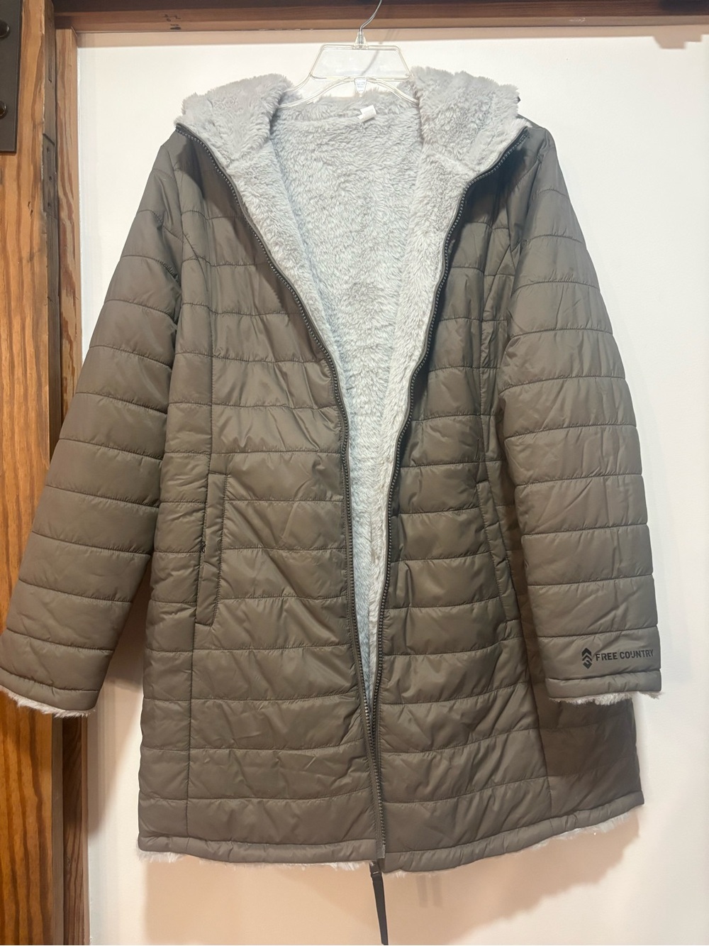 Free Country Women's Taupe Quilted Puffer Coat with Faux-Sherpa Hood